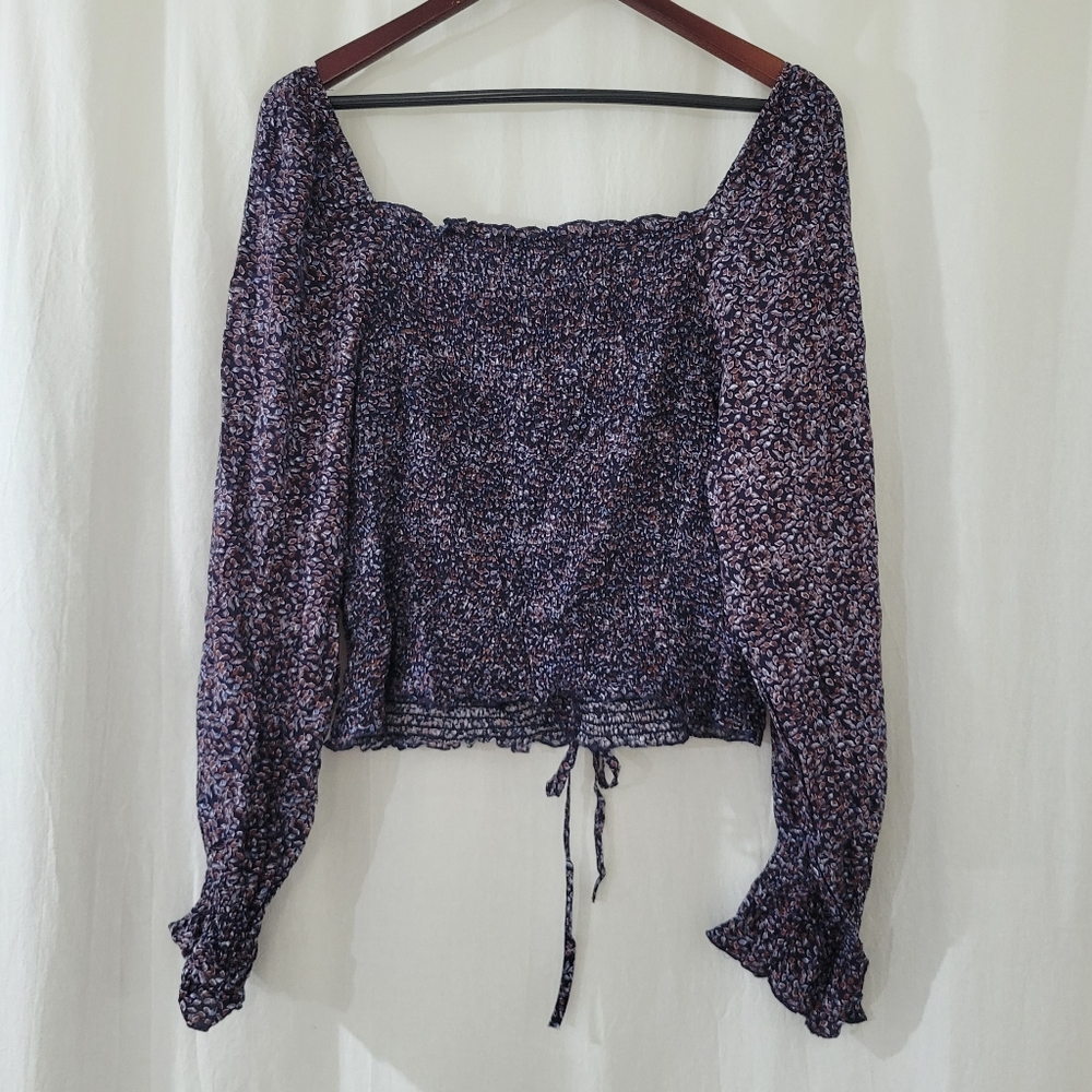 Wild Jasmine Long Sleeve Ruched Top in Blue & Red Leaf Print Women's Size 3XL - Picture 2 of 3